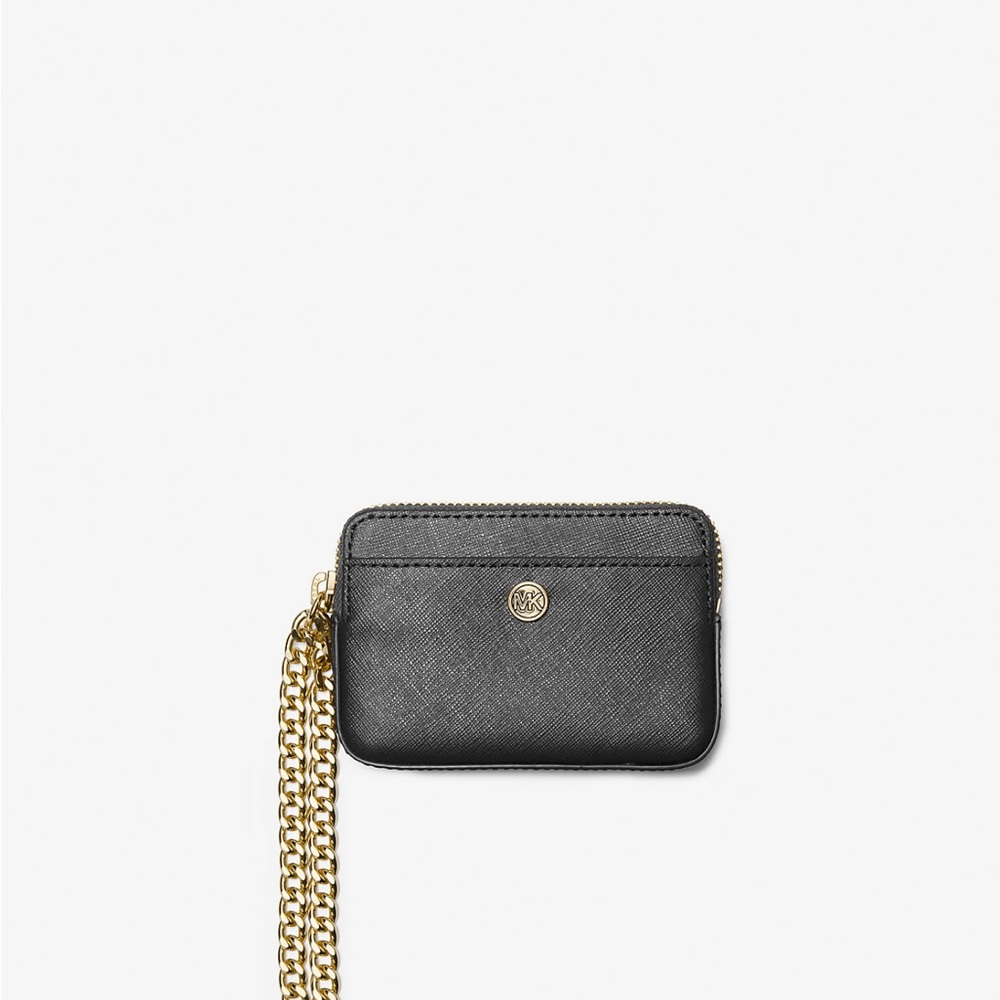 NWT Michael Kors Saffiano Leather Chain Card Case Black